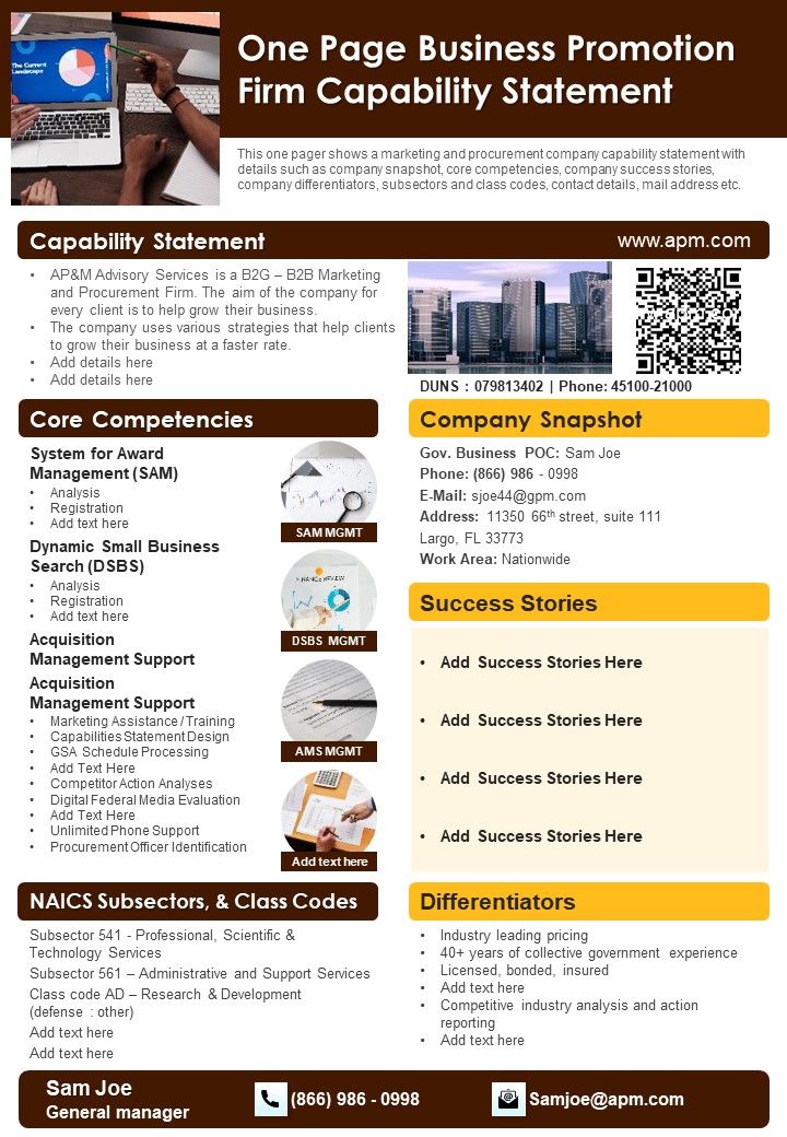 One Page Business Promotion Firm Capability Statement PDF Document PPT Template Slide01