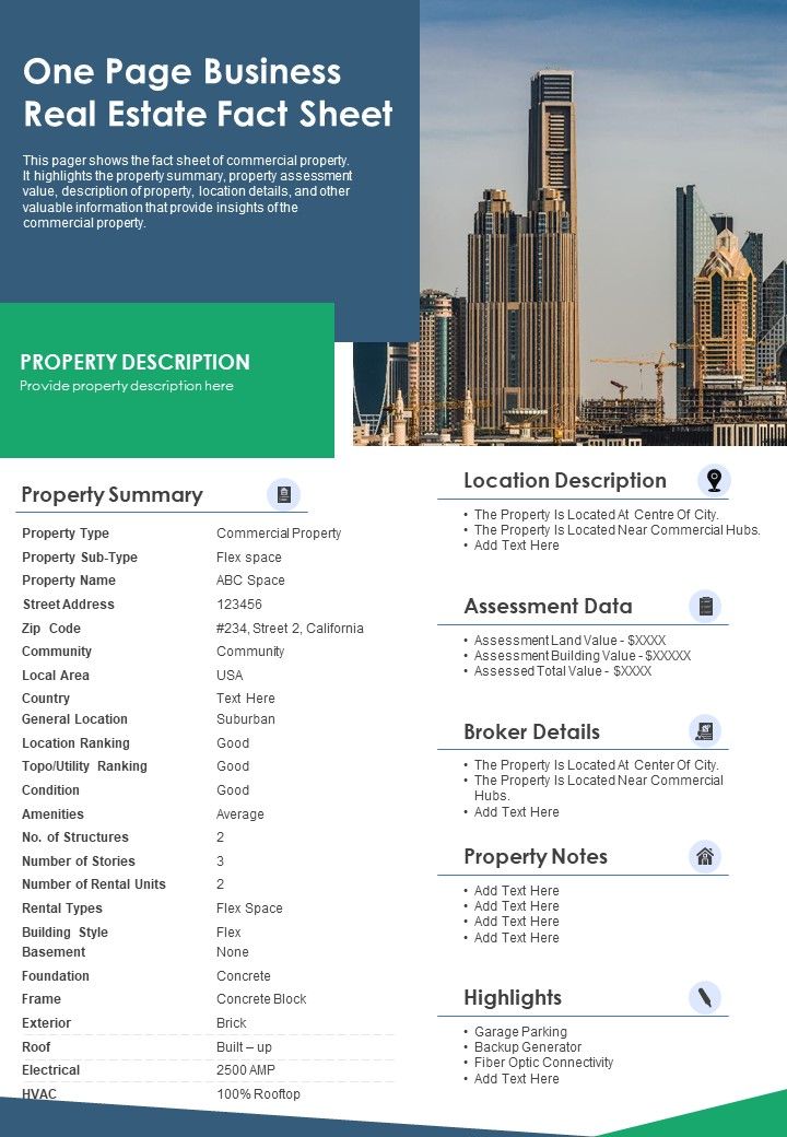 One Page Business Real Estate Fact Sheet PDF Document PPT Template Slide01