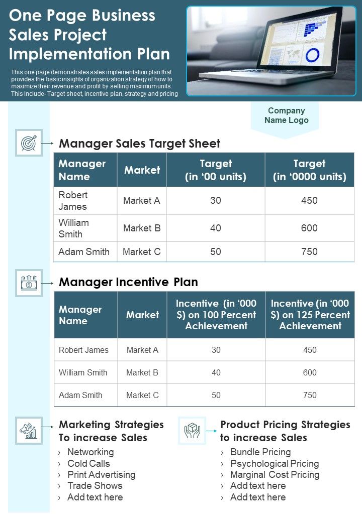 One Page Business Sales Project Implementation Plan PDF Document PPT Template Slide01