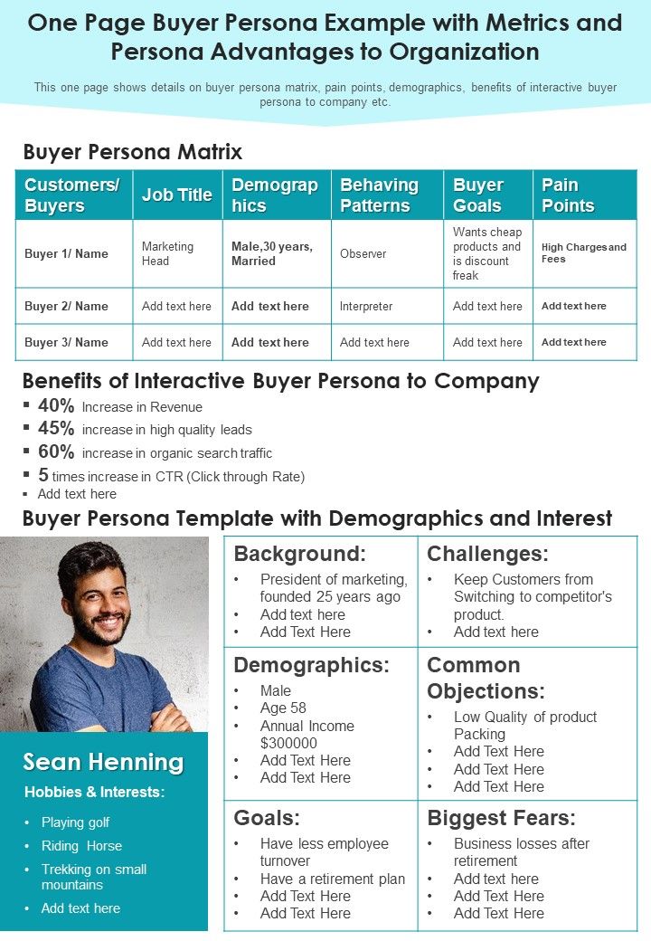 One Page Buyer Persona Example With Metrics And Persona Advantages To Organization PDF Document PPT Template Slide01
