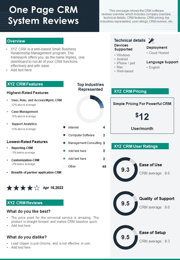 One Page CRM System Reviews PDF Document PPT Template Slide01