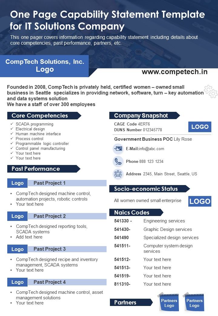 One Page Capability Statement Template For IT Solutions Company PDF Document PPT Template Slide01