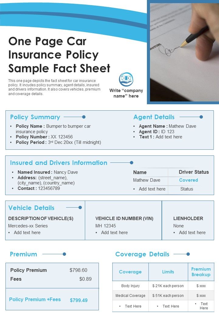 One Page Car Insurance Policy Sample Fact Sheet PDF Document PPT Template Slide01