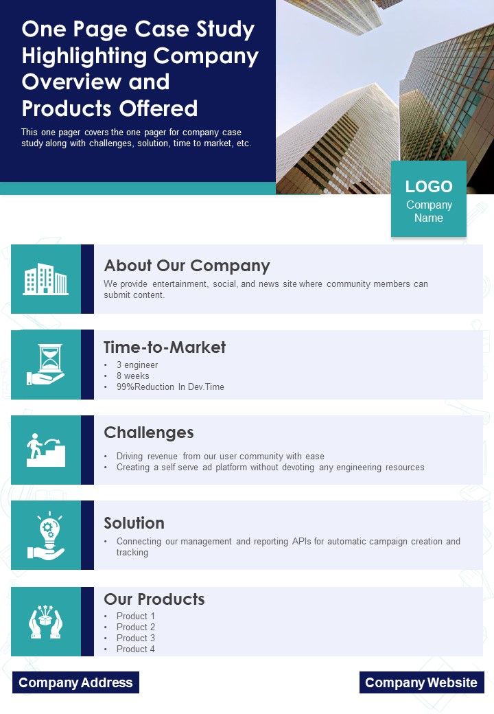 One Page Case Study Highlighting Company Overview And Products Offered PDF Document PPT Template Slide01