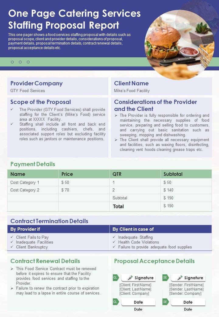 One Page Catering Services Staffing Proposal Report PDF Document PPT Template Slide01