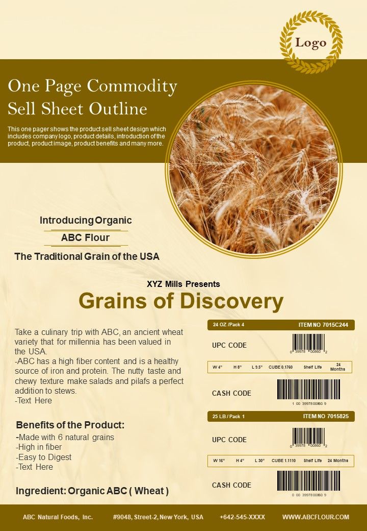 One Page Commodity Sell Sheet Outline PDF Document PPT Template Slide01
