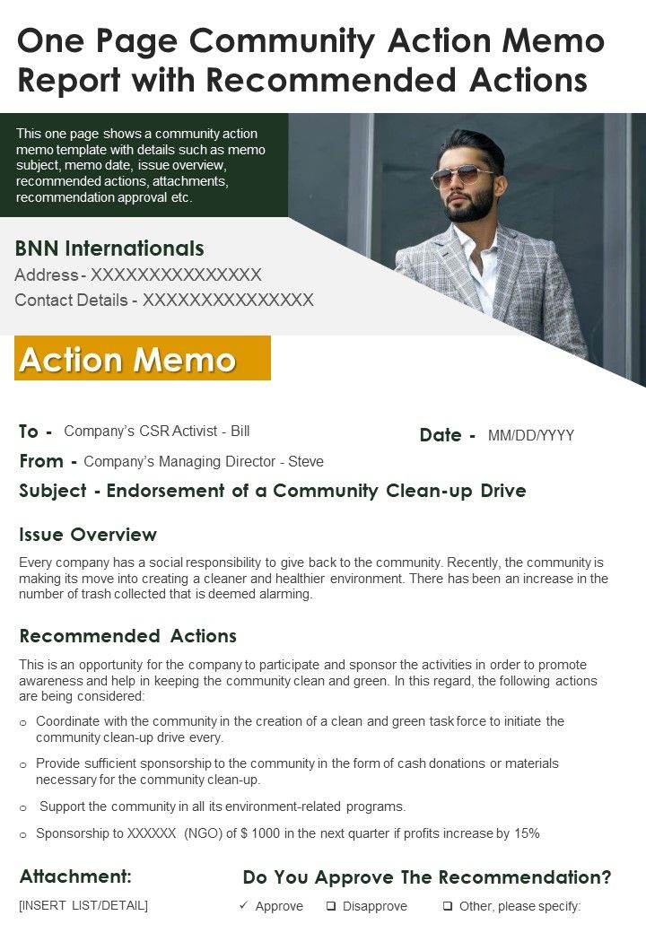 One Page Community Action Memo Report With Recommended Actions PDF Document PPT Template Slide01