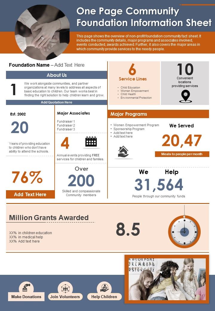 One Page Community Foundation Information Sheet PDF Document PPT Template Slide01