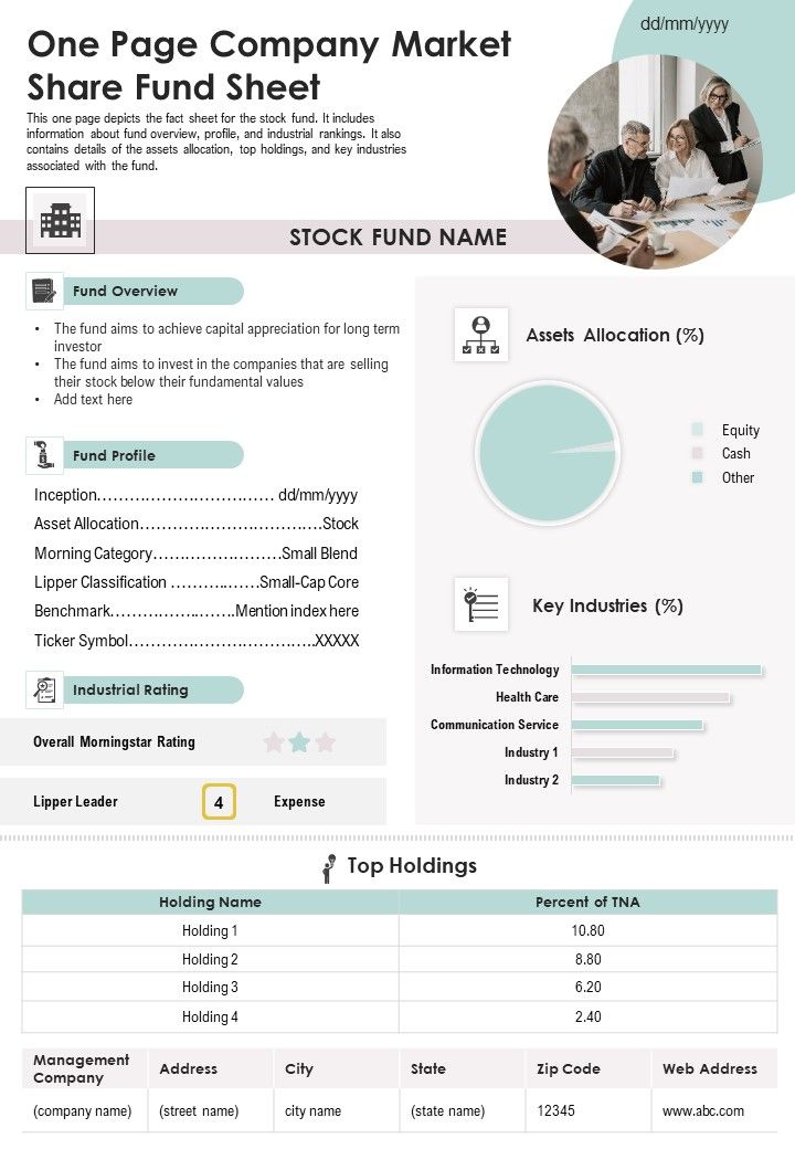 One Page Company Market Share Fund Sheet PDF Document PPT Template Slide01
