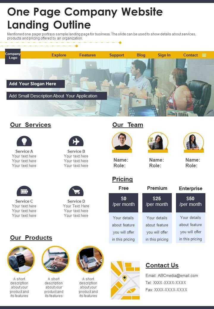 One Page Company Website Landing Outline PDF Document PPT Template Slide01