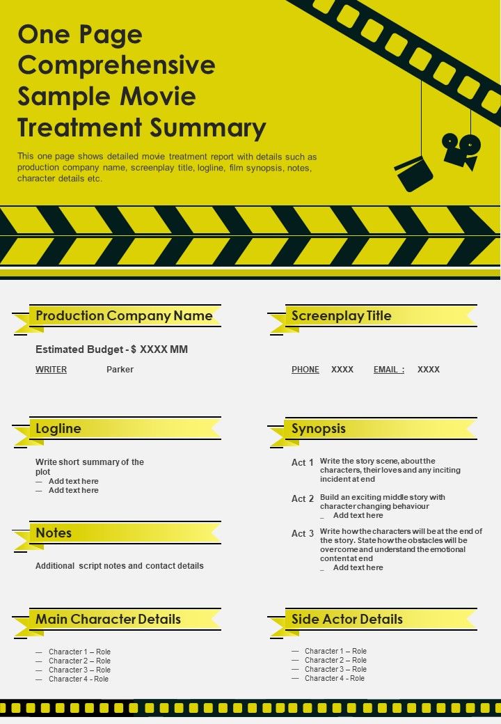 One Page Comprehensive Sample Movie Treatment Summary PDF Document PPT Template Slide01