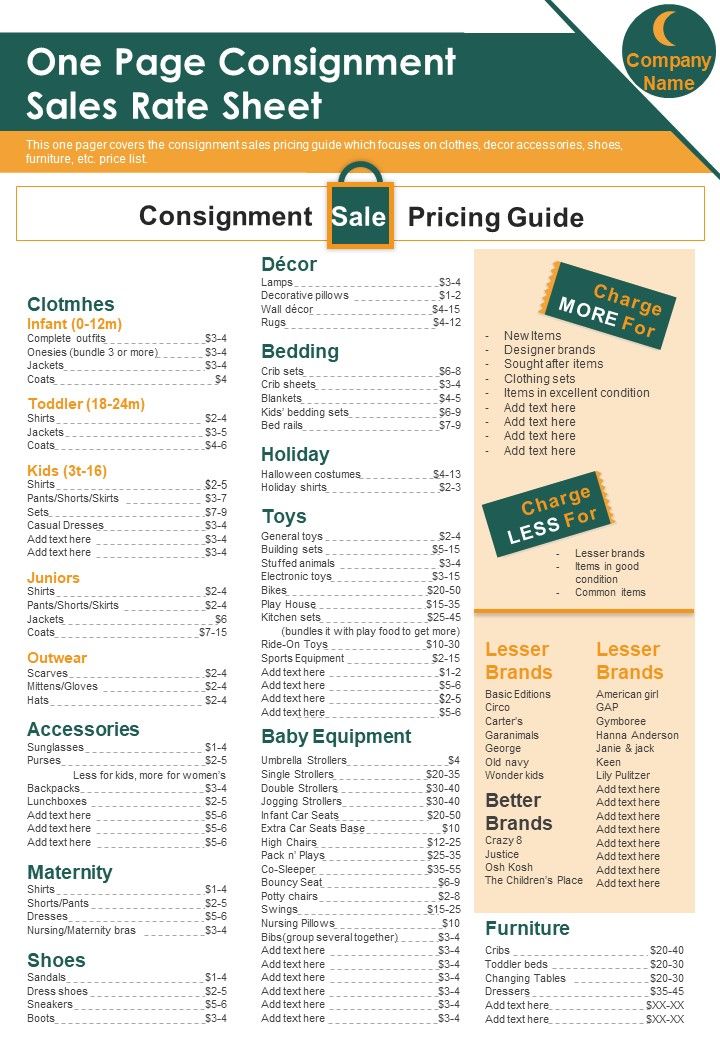 One Page Consignment Sales Rate Sheet PDF Document PPT Template Slide01