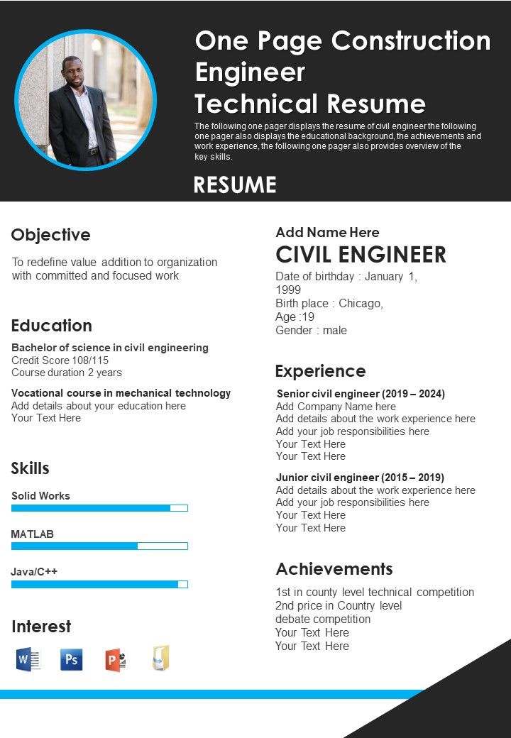 One Page Construction Engineer Technical Resume PDF Document PPT Template Slide01