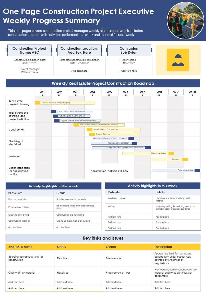 One Page Construction Project Executive Weekly Progress Summary PDF Document PPT Template Slide01