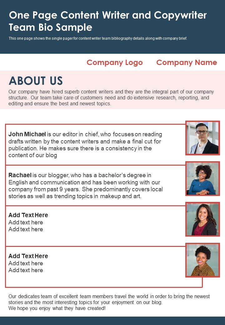 One Page Content Writer And Copywriter Team Bio Sample PDF Document PPT Template Slide01
