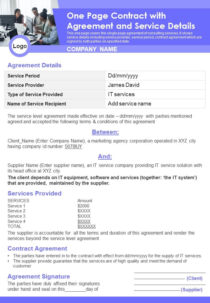 One Page Contract With Agreement And Service Details PDF Document PPT Template Slide01