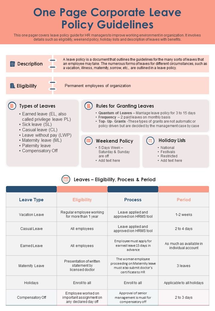 One Page Corporate Leave Policy Guidelines PDF Document PPT Template Slide01