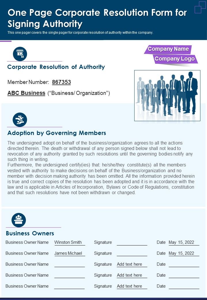 One Page Corporate Resolution Form For Signing Authority PDF Document PPT Template Slide01