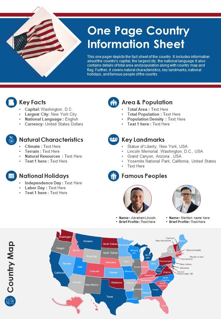 One Page Country Information Sheet PDF Document PPT Template Slide01