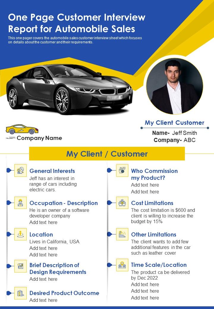 One Page Customer Interview Report For Automobile Sales PDF Document PPT Template Slide01