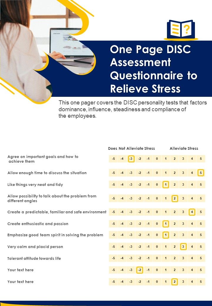 One Page DISC Assessment Questionnaire To Relieve Stress PDF Document PPT Template Slide01