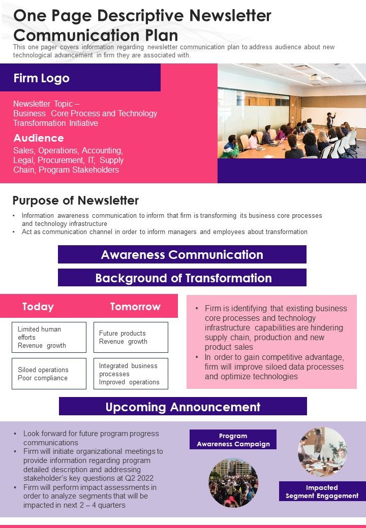 One Page Descriptive Newsletter Communication Plan PDF Document PPT Template Slide01