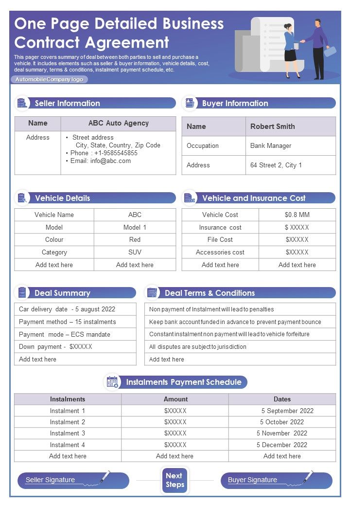 One Page Detailed Business Contract Agreement PDF Document PPT Template Slide01