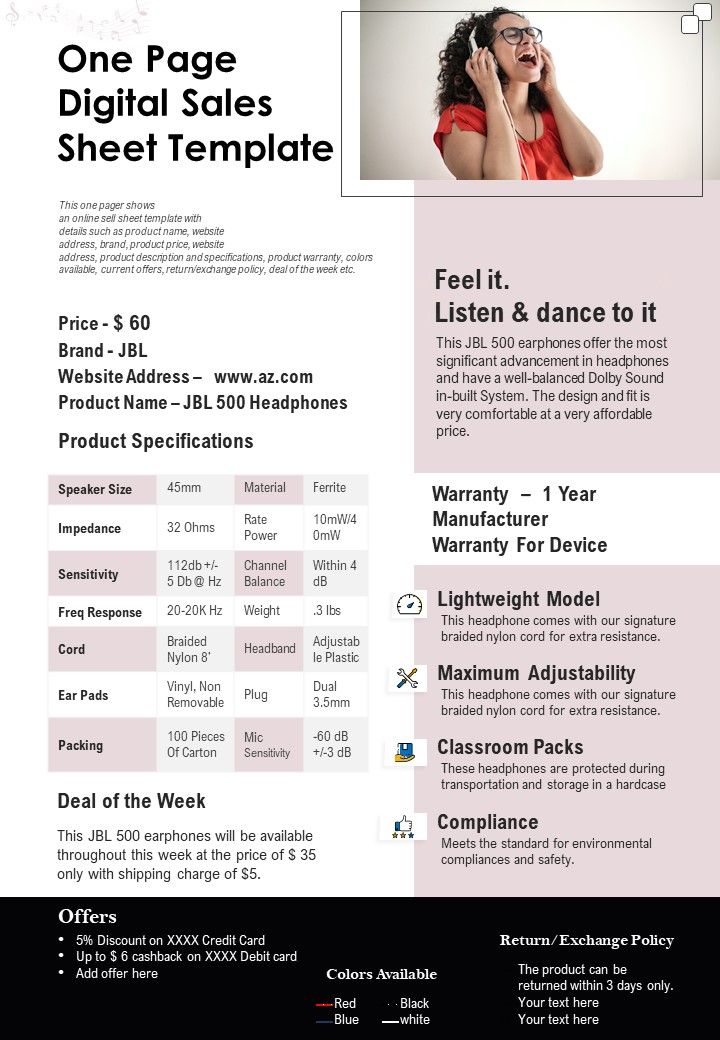 One Page Digital Sales Sheet Template PDF Document PPT Template Slide01