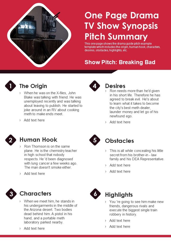 One Page Drama TV Show Synopsis Pitch Summary PDF Document PPT Template Slide01