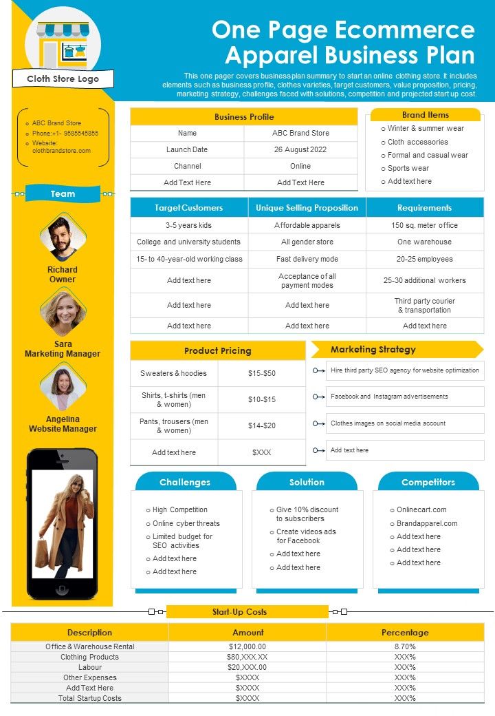 One Page Ecommerce Apparel Business Plan PDF Document PPT Template Slide01