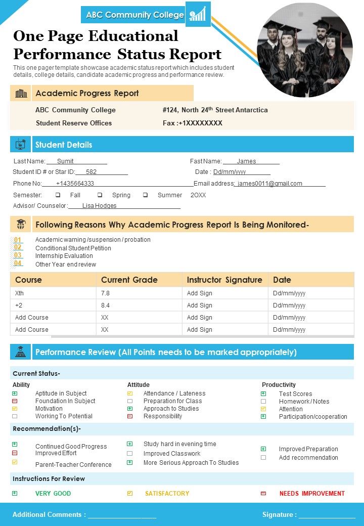 One Page Educational Performance Status Report PDF Document PPT Template Slide01