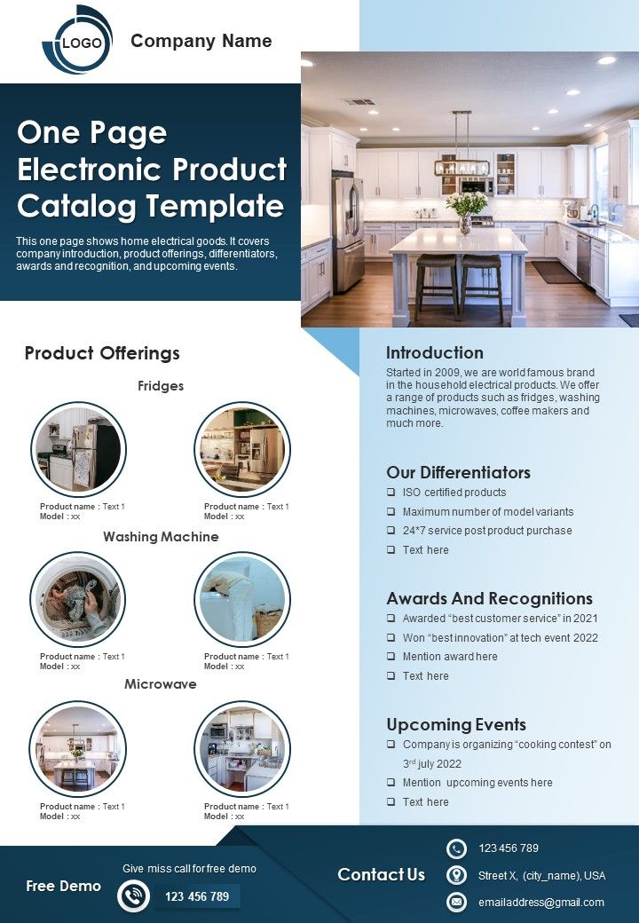 One Page Electronic Product Catalog Template PDF Document PPT Template Slide01