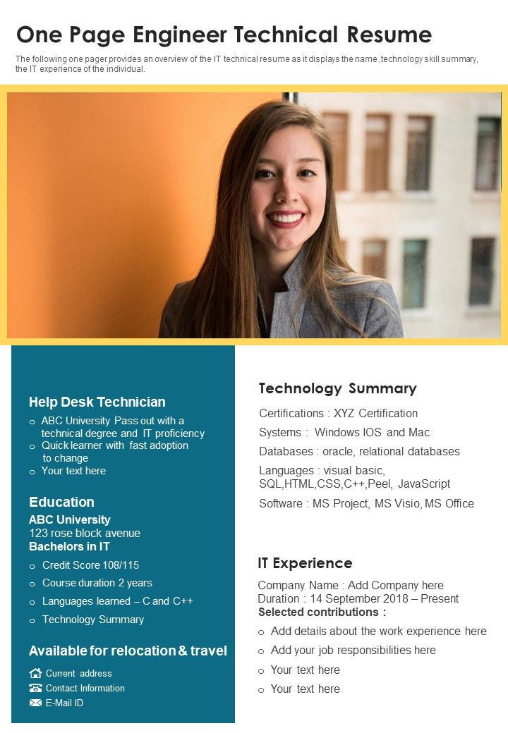 One Page Engineer Technical Resume PDF Document PPT Template Slide01
