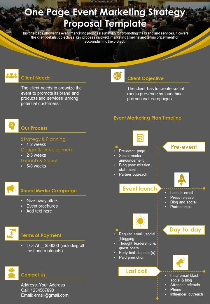 One Page Event Marketing Strategy Proposal Template PDF Document PPT Template Slide01
