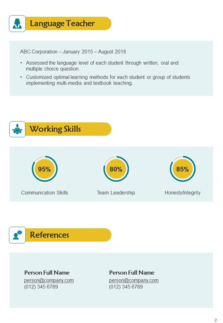 One Page Expert Language Teacher CV PDF Document PPT Template