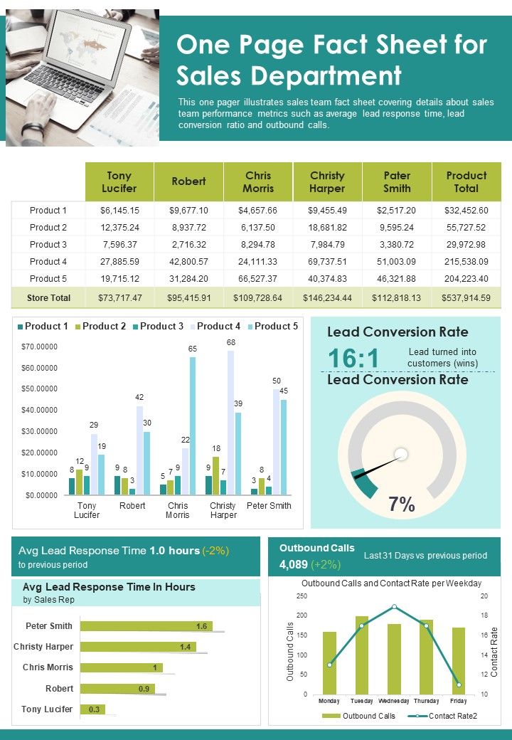 One Page Fact Sheet For Sales Department PDF Document PPT Template Slide01