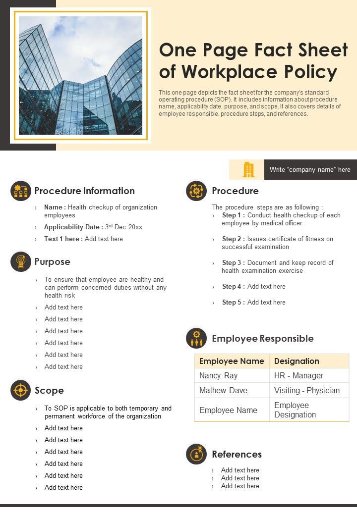 One Page Fact Sheet Of Workplace Policy PDF Document PPT Template Slide01