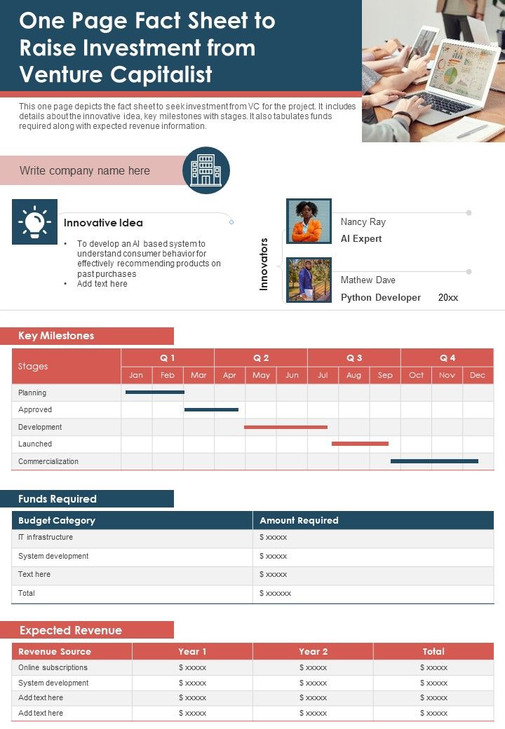 One Page Fact Sheet To Raise Investment From Venture Capitalist PDF Document PPT Template Slide01