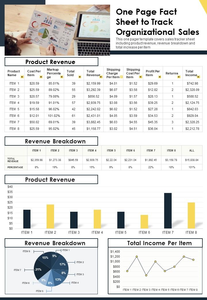 One Page Fact Sheet To Track Organizational Sales PDF Document PPT Template Slide01