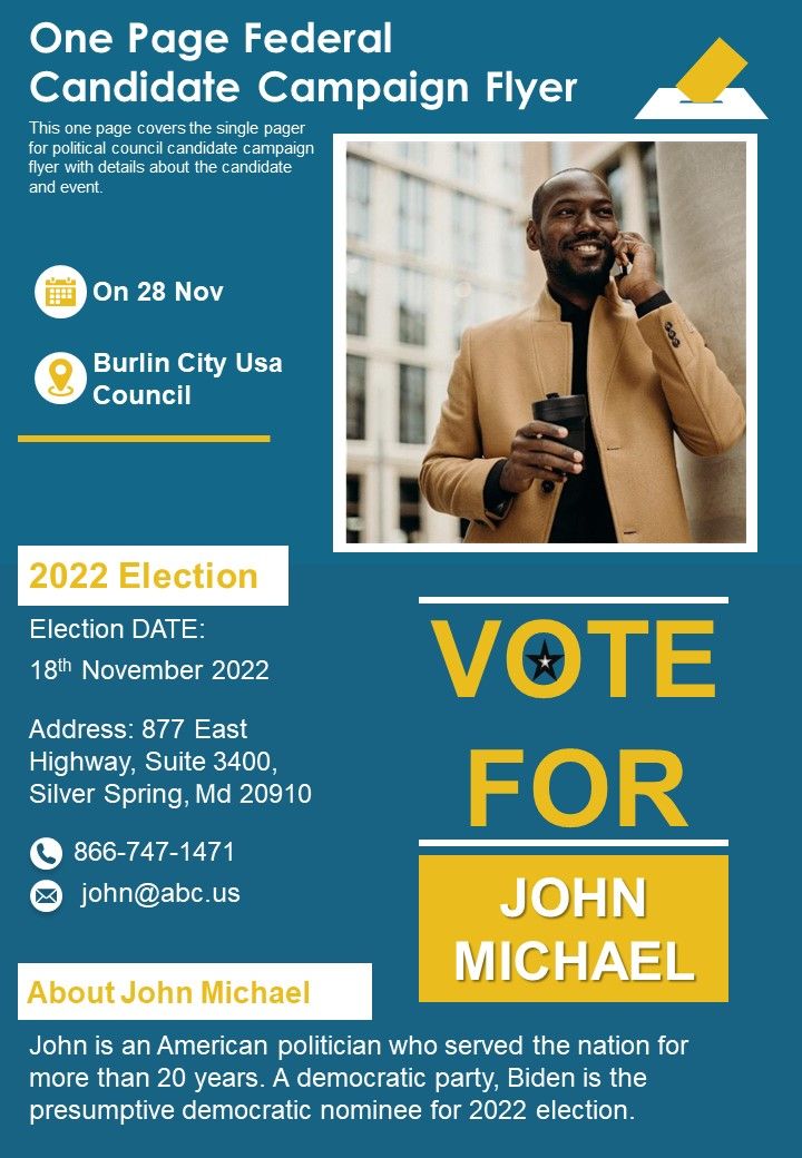 One Page Federal Candidate Campaign Flyer PDF Document PPT Template Slide01