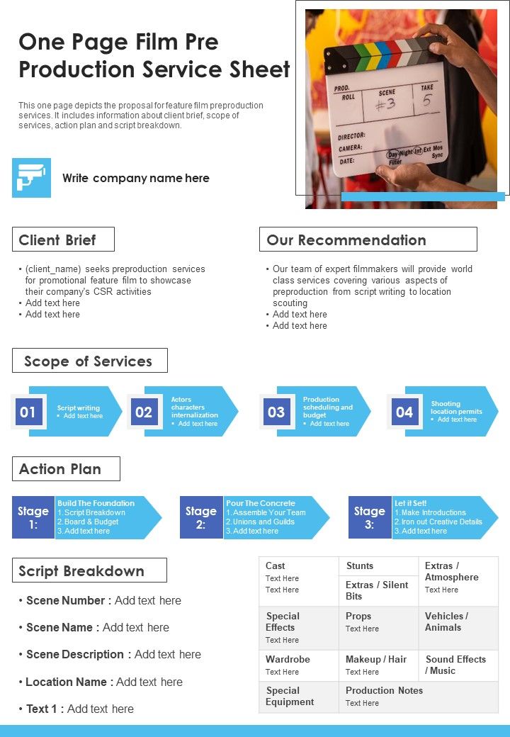 One Page Film Pre Production Service Sheet PDF Document PPT Template Slide01