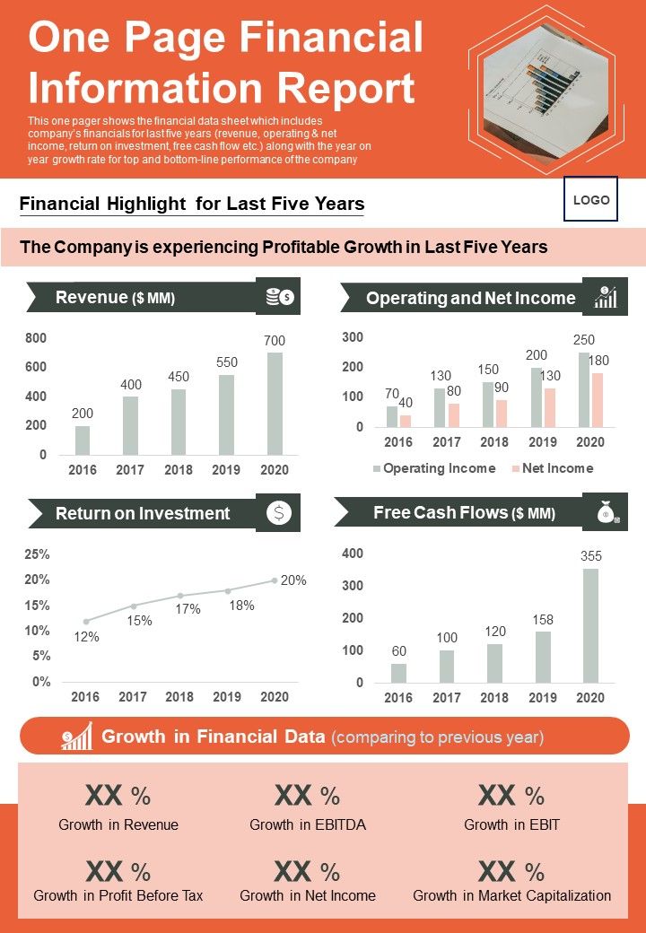 One Page Financial Information Report PDF Document PPT Template Slide01