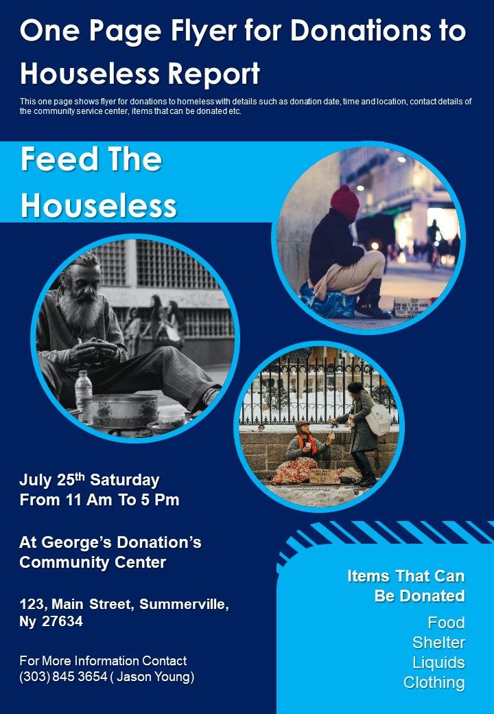 One Page Flyer For Donations To Houseless Report PDF Document PPT Template Slide01