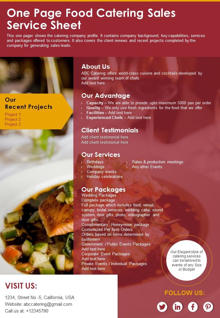 One Page Food Catering Sales Service Sheet PDF Document PPT Template Slide01