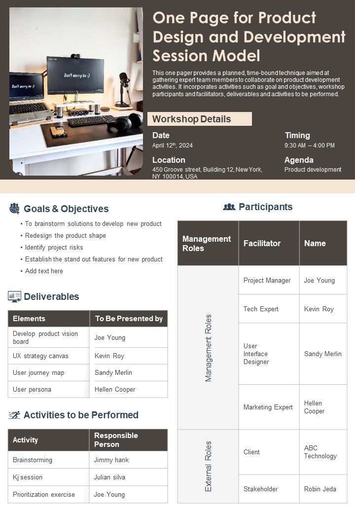 One Page For Product Design And Development Session Model PDF Document PPT Template Slide01