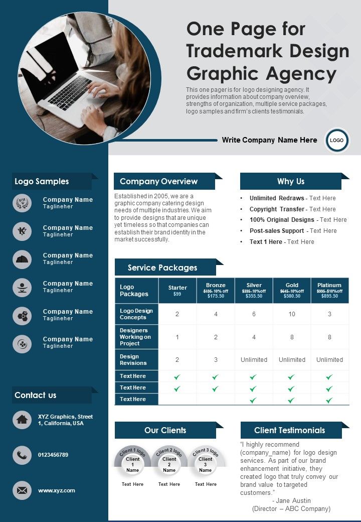 One Page For Trademark Design Graphic Agency PDF Document PPT Template Slide01