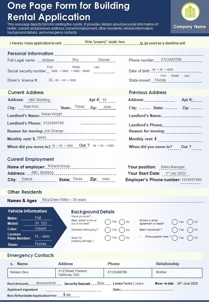 One Page Form For Building Rental Application PDF Document PPT Template Slide01