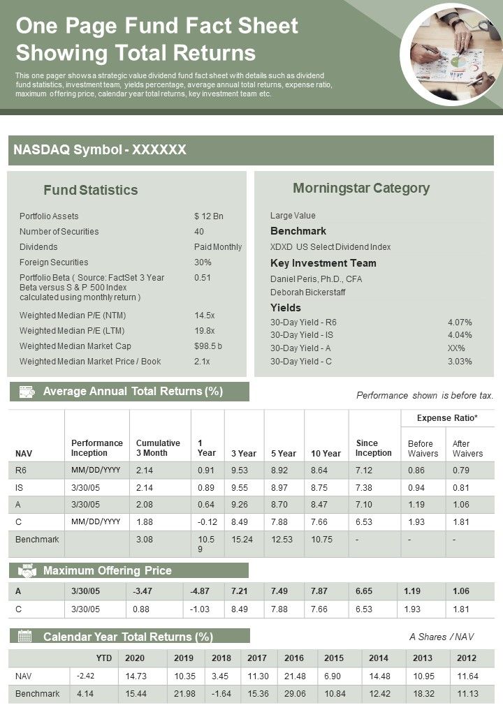 One Page Fund Fact Sheet Showing Total Returns PDF Document PPT Template Slide01