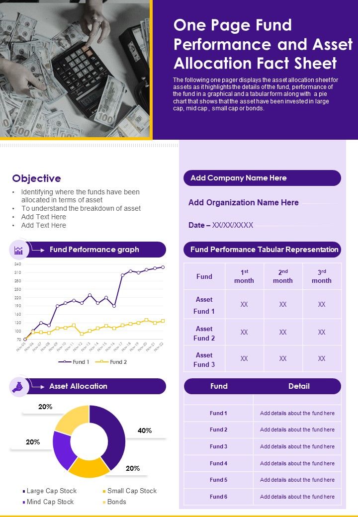 One Page Fund Performance And Asset Allocation Fact Sheet PDF Document PPT Template Slide01