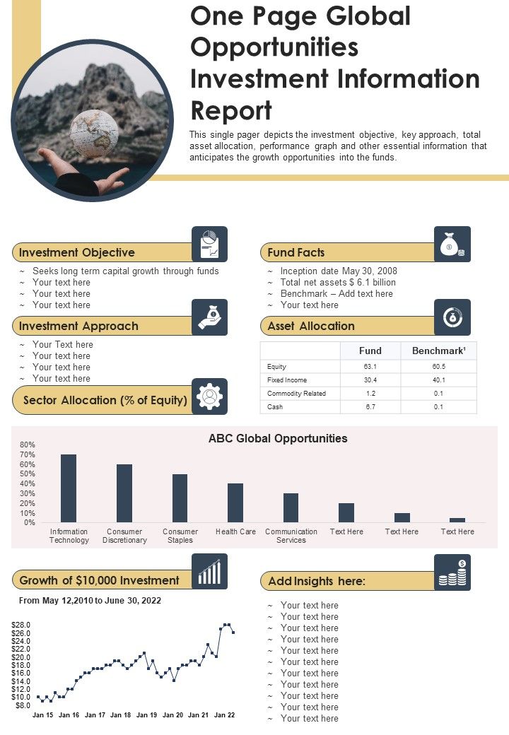One Page Global Opportunities Investment Information Report PDF Document PPT Template Slide01